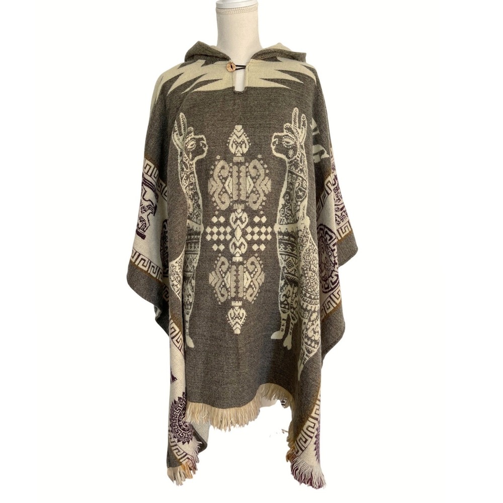 Natural‎ Grocers Unisex Brown Cream Ecuadorian Andean Print Fringe Hooded Poncho